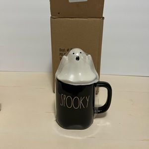Rae Dunn Spooky black mug with White Ghost topper Brand New In Box